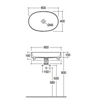 Раковина, Kludi, RESA O, шгв 600*400*140, отверстия для смесителя-отсутствуют, цвет-белый