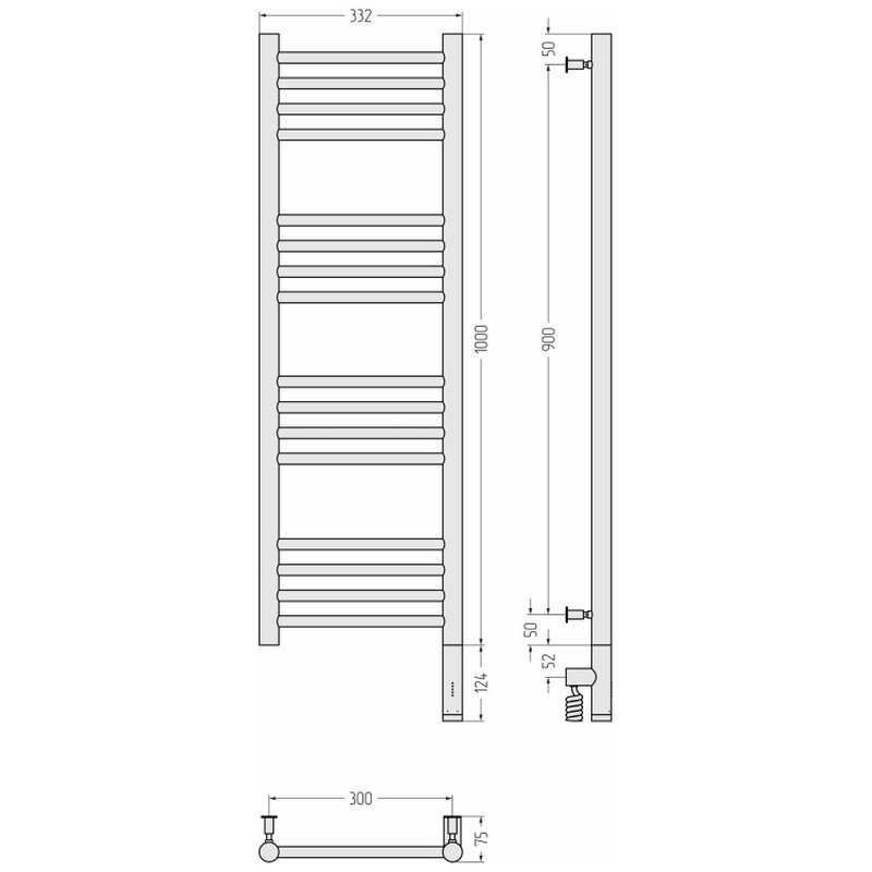 Полотенцесушитель, Сунержа, Богема 3.0, шгв 332*75*1124, нижнее справа, МЭМ, цвет-сталь без покрытия