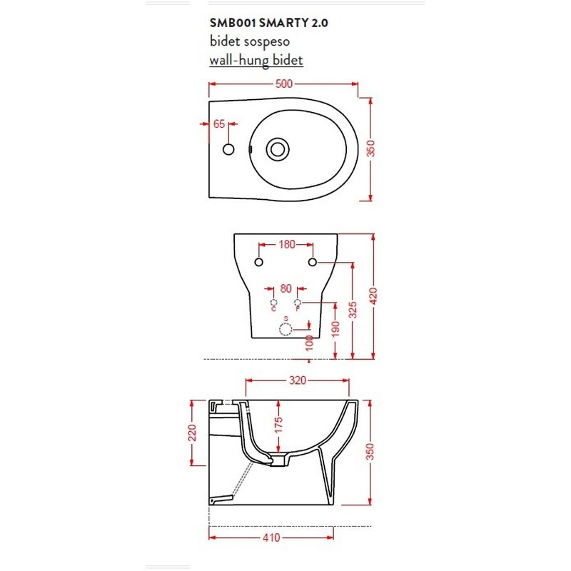 Биде, Artceram, SMARTY 2.0, подвесной, шгв 350*500*350, цвет-белый глянцевый
