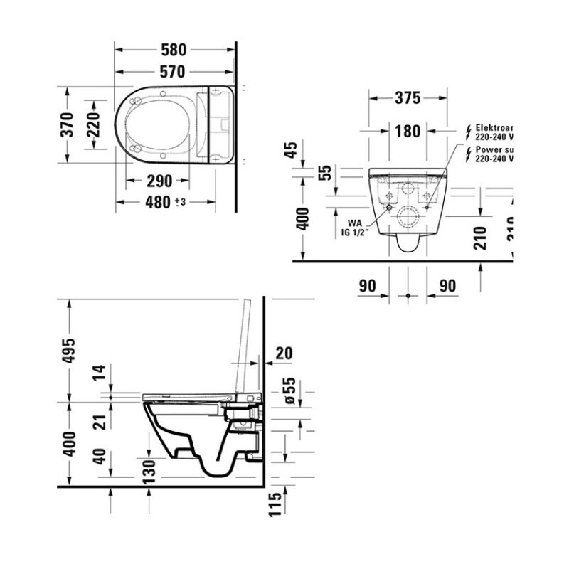 Унитаз, Duravit, D-Neo, Sensowash, подвесной, шгв 375*575*400, цвет-белый