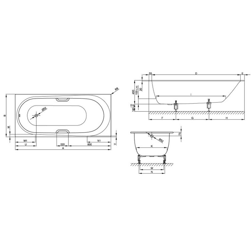 Ванна, Bette, BetteComodo, шгв 1700*750*450, с антислипом Sense, цвет-белый