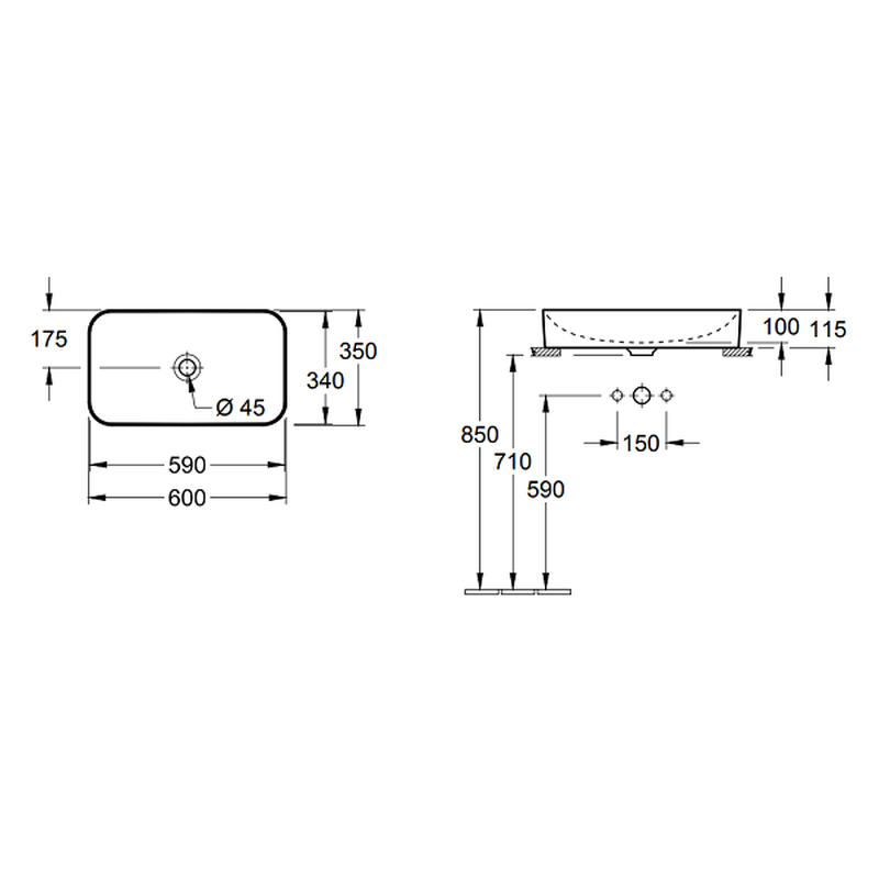 Раковина, Villeroy&Boch, Finion, шгв 600*350*100, отверстия для смесителя-отсутствуют, CeramicPlus, цвет-альпийский белый