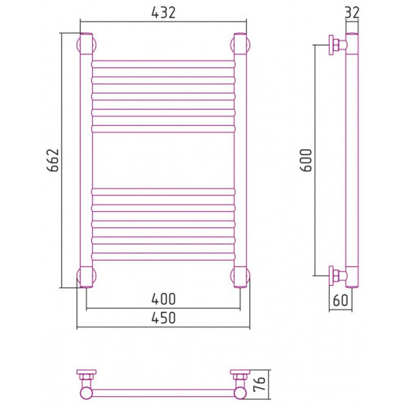 Полотенцесушитель, Сунержа, Богема +, прямая, шгв 450*76*662, цвет-сталь