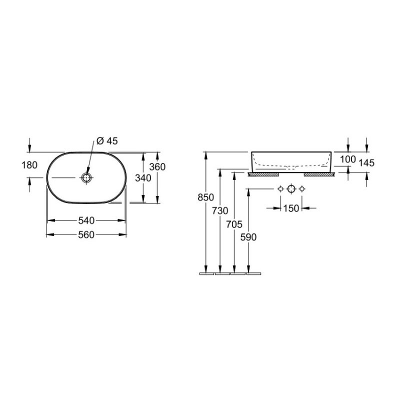 Раковина, Villeroy&Boch, Collaro, шгв 560*360*145, отверстия для смесителя-отсутствуют, CeramicPlus, цвет-Stone White