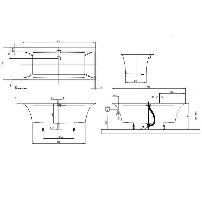 Ванна, Villeroy&Boch, Squaro Edge 12 Duo, шгв 1700*750*450, цвет-белый