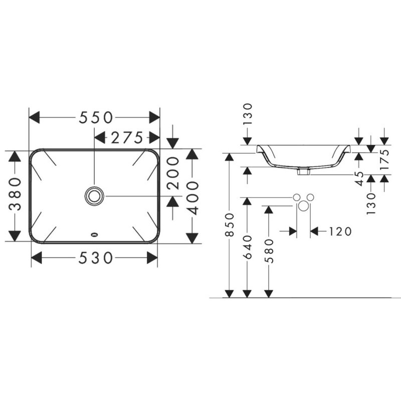 Раковина, Hansgrohe Xuniva Q шгв 550*400*175 отверстия для смесителя-отсутствуют цвет-белый 60158450