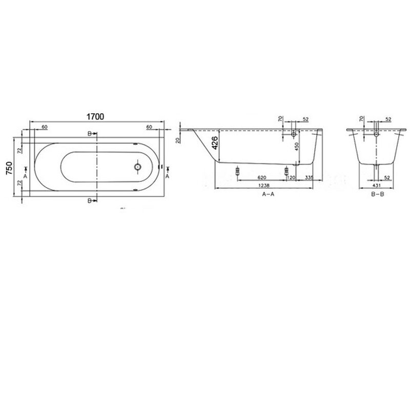 Ванна, Villeroy&Boch, Oberon, шгв 1700*750*450, цвет-белый