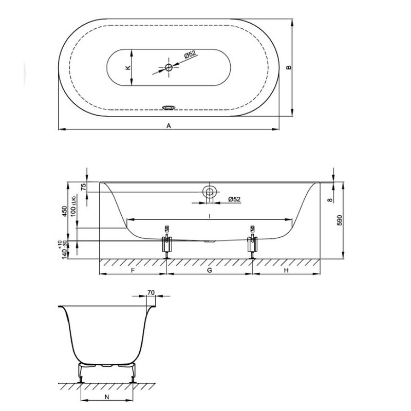 Ванна, Bette, BetteLux Oval, шгв 1700*750*450, BetteGlasur® Plus, цвет-белый