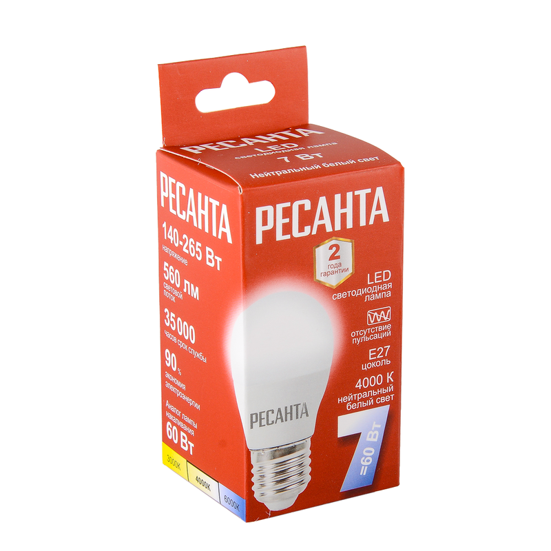 Лампа светодиодная Ресанта LL-R-G45-7W-230-4K-E27 76/1/73