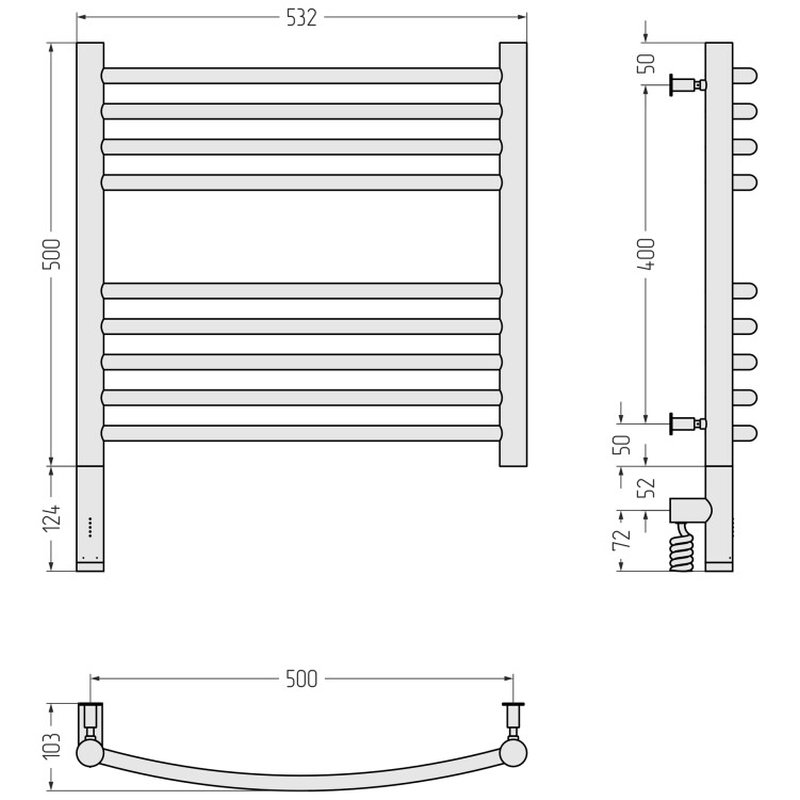 Полотенцесушитель, , Богема 3.0, шгв 532*103*632, нижнее слева, МЭМ, цвет-тёмный титан муар Сунержа 15-5802-5050