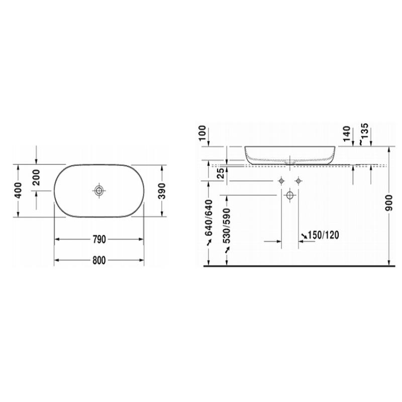 Раковина, Duravit, Luv, шгв 800*400*140, отверстия для смесителя-отсутствуют, WonderGliss, цвет-белый