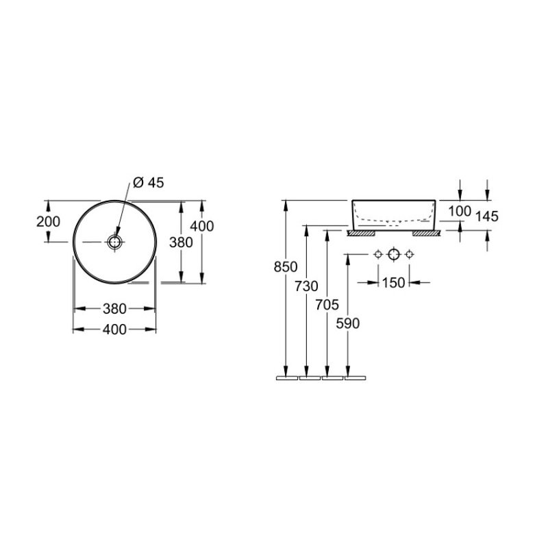 Раковина, Villeroy&Boch, Collaro, шгв 400*400*145, отверстия для смесителя-отсутствуют, цвет-альпийский белый
