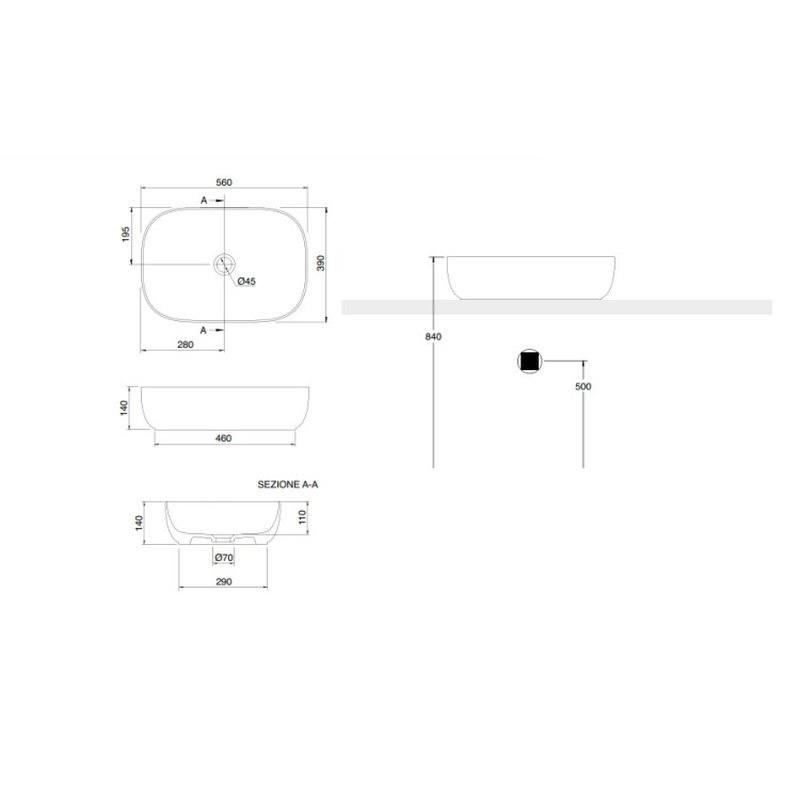 Раковина, Scarabeo, Glam, шгв 560*390*140, отверстия для смесителя-отсутствуют, цвет-белый