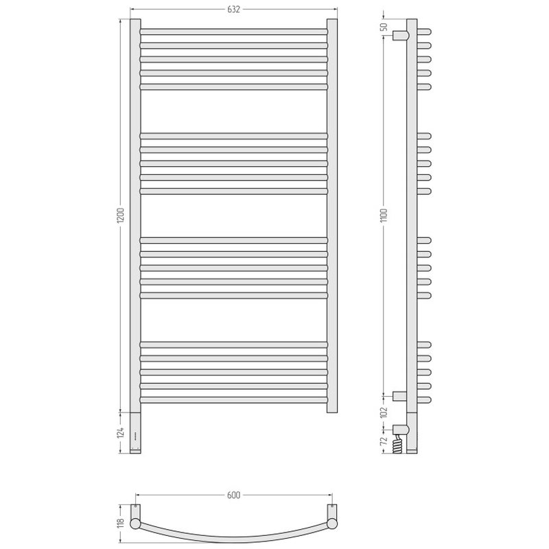 Полотенцесушитель, , Богема 3.1, выгнутая, шгв 632*118*1324, нижнее слева, МЭМ, цвет-чёрный матовый Сунержа 31-6002-1260