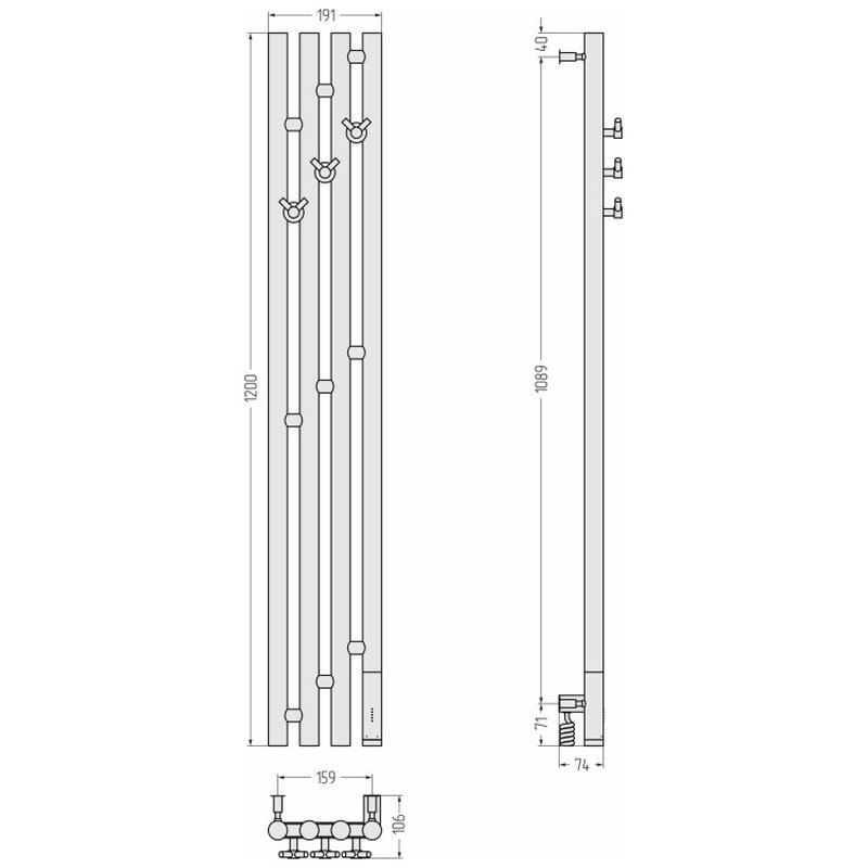 Полотенцесушитель, Сунержа, Кантата 3,0, шгв 191*74*1200, нижнее справа, МЭМ, цвет-черный матовый