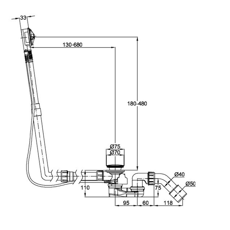 Слив-перелив, Bette, для ванны, длина троса, мм-1070, цвет-хром
