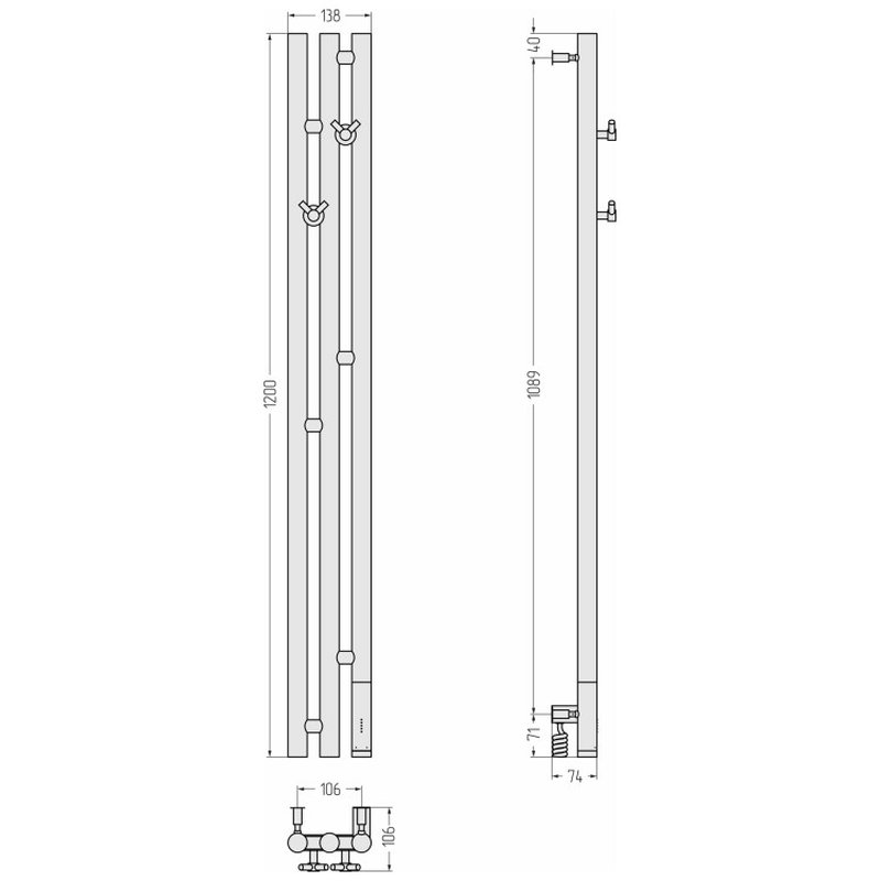 Полотенцесушитель, Сунержа Терция 3.0 шгв 138*74*1200 нижнее справа МЭМ цвет-сталь без покрытия 0058451211