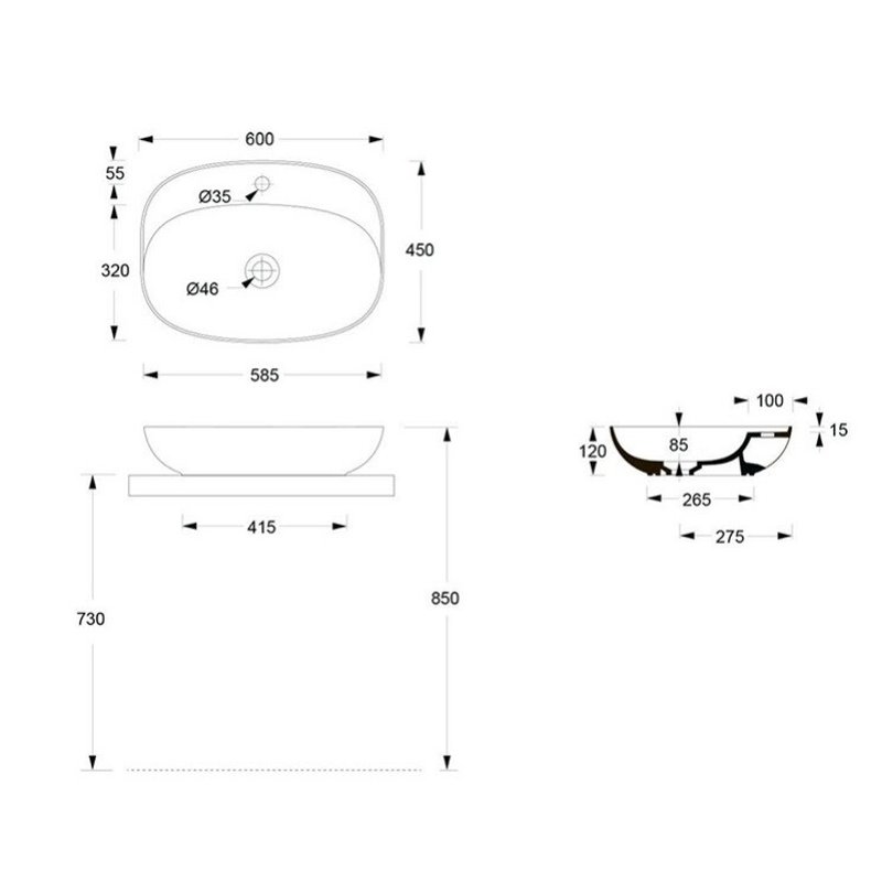 Раковина, , Form, Plan Oval, шгв 600*450*120, отверстия для смесителя-1, Aliglaze+, цвет-черный матовый Alice 22460108