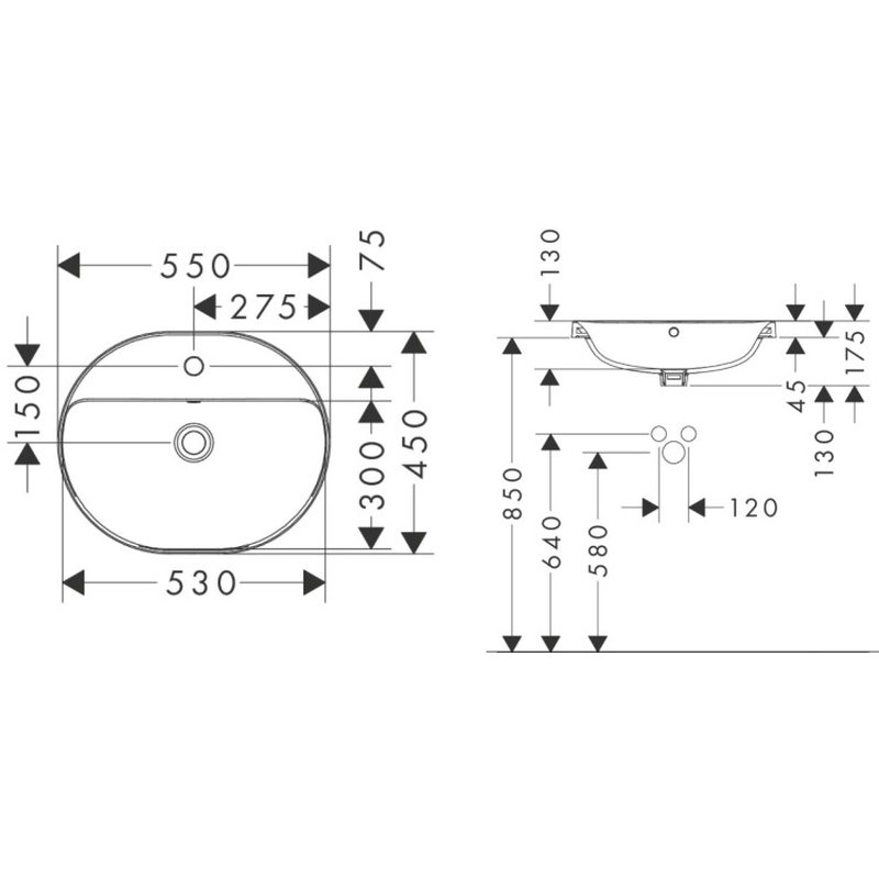 Раковина, Hansgrohe Xuniva U шгв 550*450*175 отверстия для смесителя-1 цвет-белый 60161450