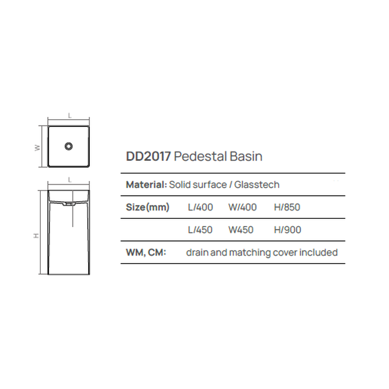 Раковина, , Pedestal Basin, шгв 450*450*900, отверстия для смесителя-отсутствуют, цвет-Grey Matt DEA Design DD2017 450 3