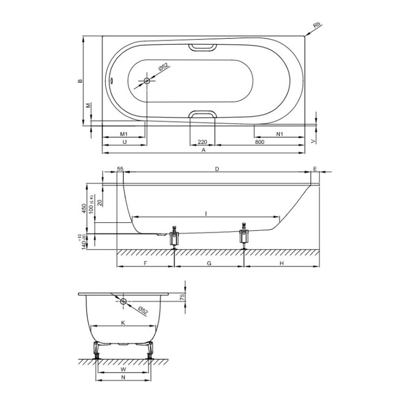 Ванна, Bette, BetteComodo, шгв 1800*800*450, BetteGlasur® Plus, цвет-Snow