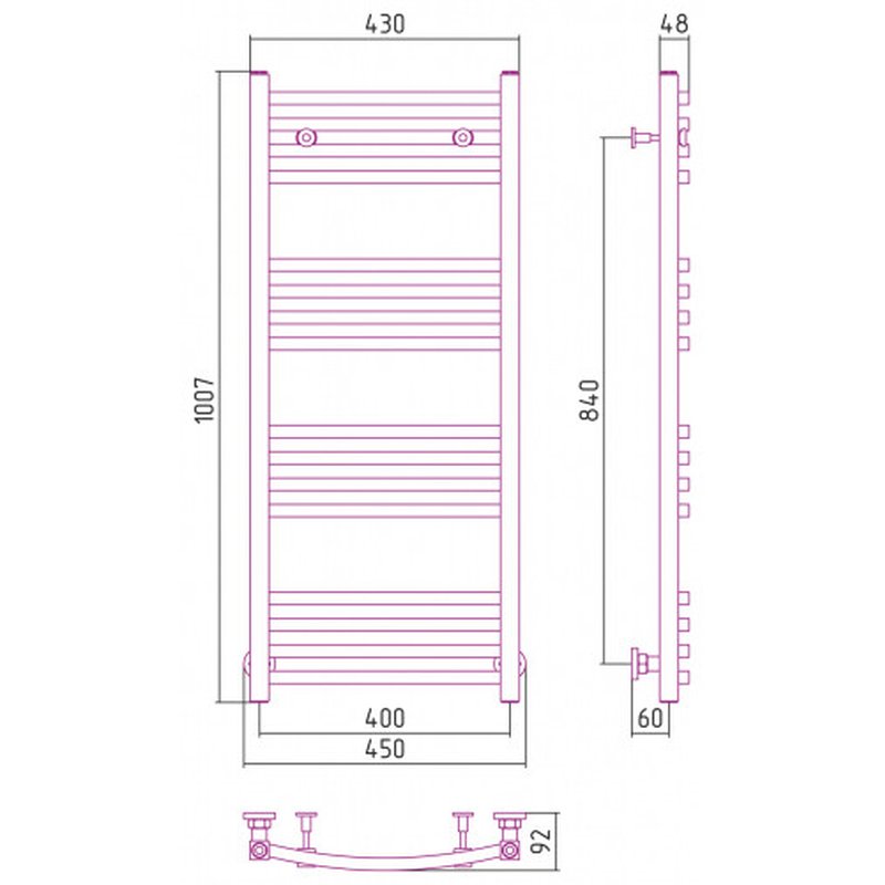 Полотенцесушитель, Сунержа, Аркус, шгв 450*92*1007, диагональное/нижнее/вертикальное, цвет-сталь