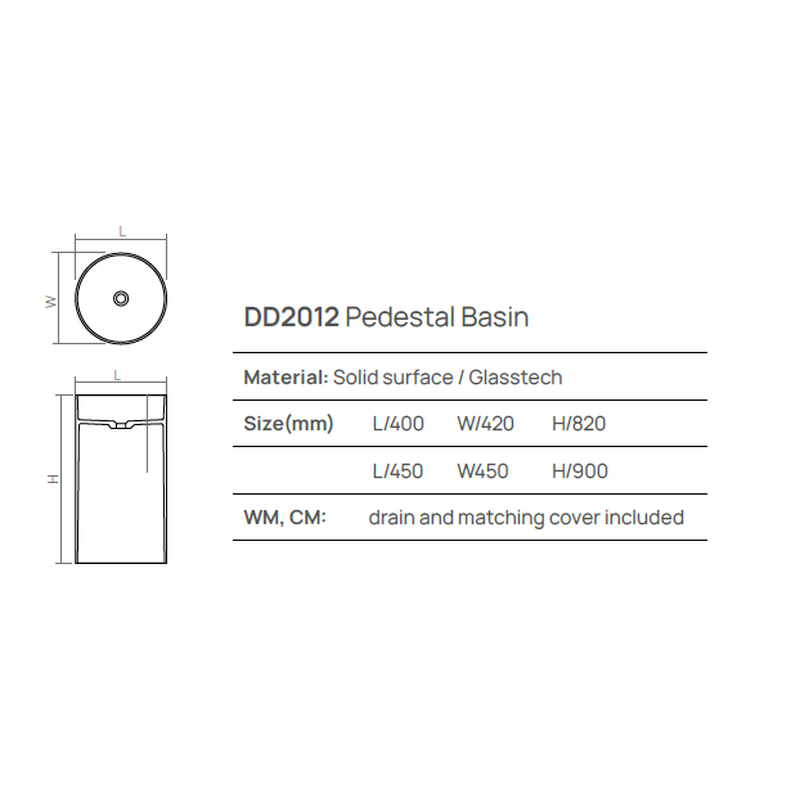 Раковина, , Pedestal Basin, шгв 450*450*900, отверстия для смесителя-отсутствуют, цвет-белый матовый DEA Design DD2012 450 18