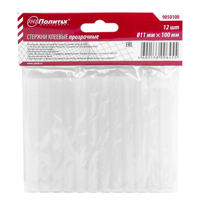 Стержни клеевые (прозрачные) 11 мм*100 мм (12шт), Политех Политех Инструмент Инструмент 9050100