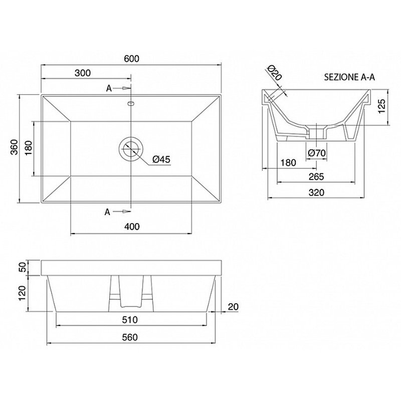 Раковина, Scarabeo Teorema 2.0 шгв 600*360*170 отверстия для смесителя-отсутствуют цвет-белый 5131