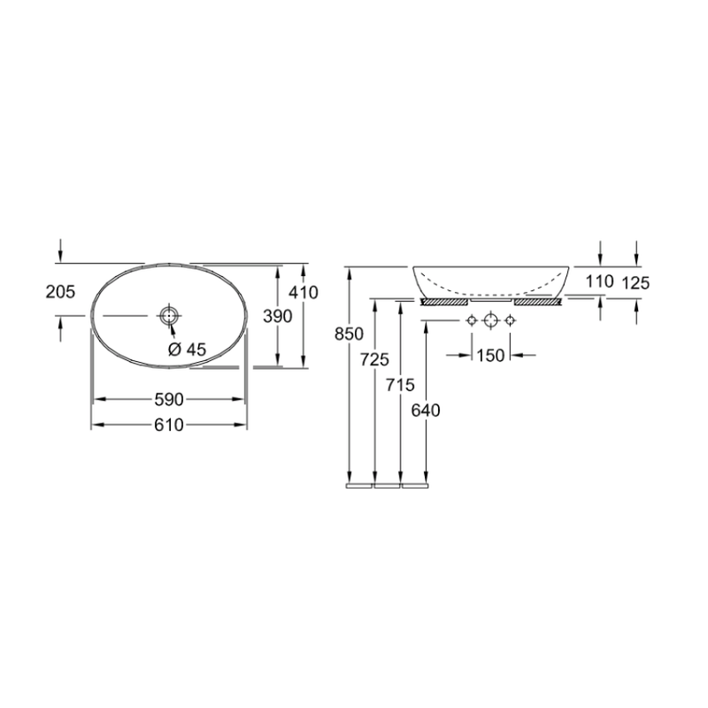 Раковина, Villeroy&Boch, Artis, шгв 610*410*125, отверстия для смесителя-отсутствуют, цвет-альпийский белый