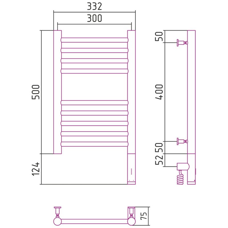 Полотенцесушитель, Сунержа, Богема 3.0, прямая, шгв 332*75*624, нижнее справа, МЭМ, цвет-тёмный титан муар