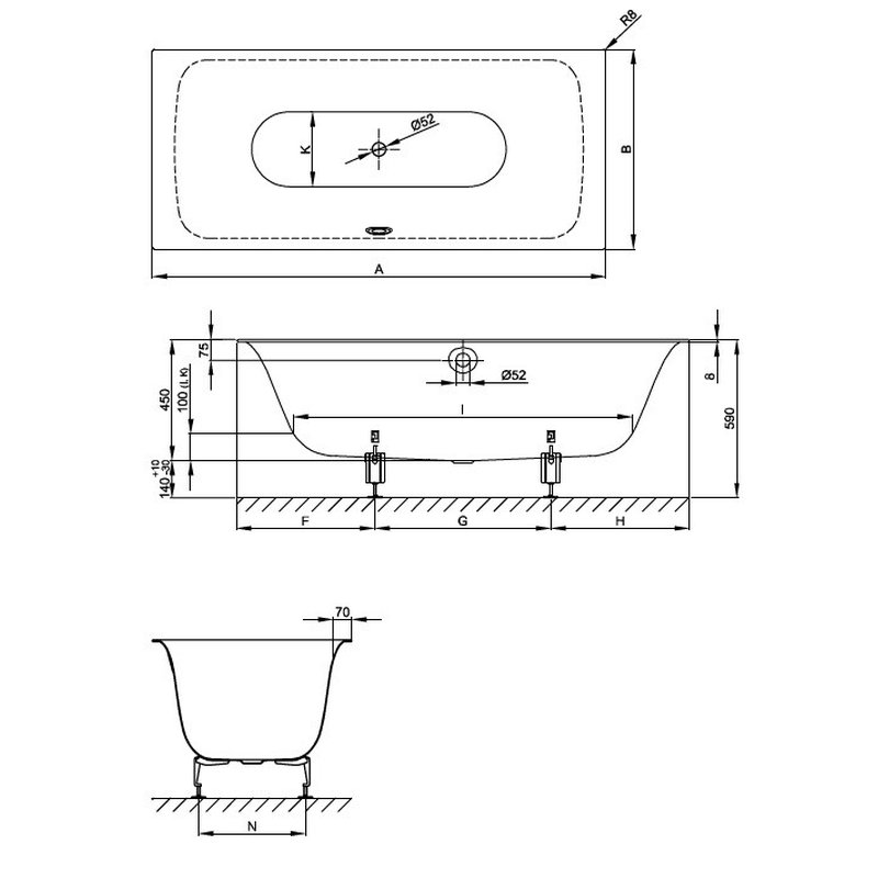 Ванна, Bette, BetteLux, шгв 1700*750*450, с антислипом Sense,  цвет-белый