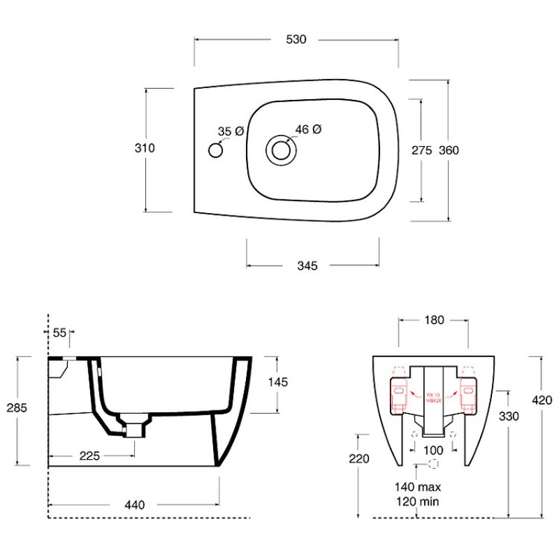 Биде, Alice Wunder подвесной шгв 530*360*285 Aliglaze+ цвет-чёрный матовый 45010108