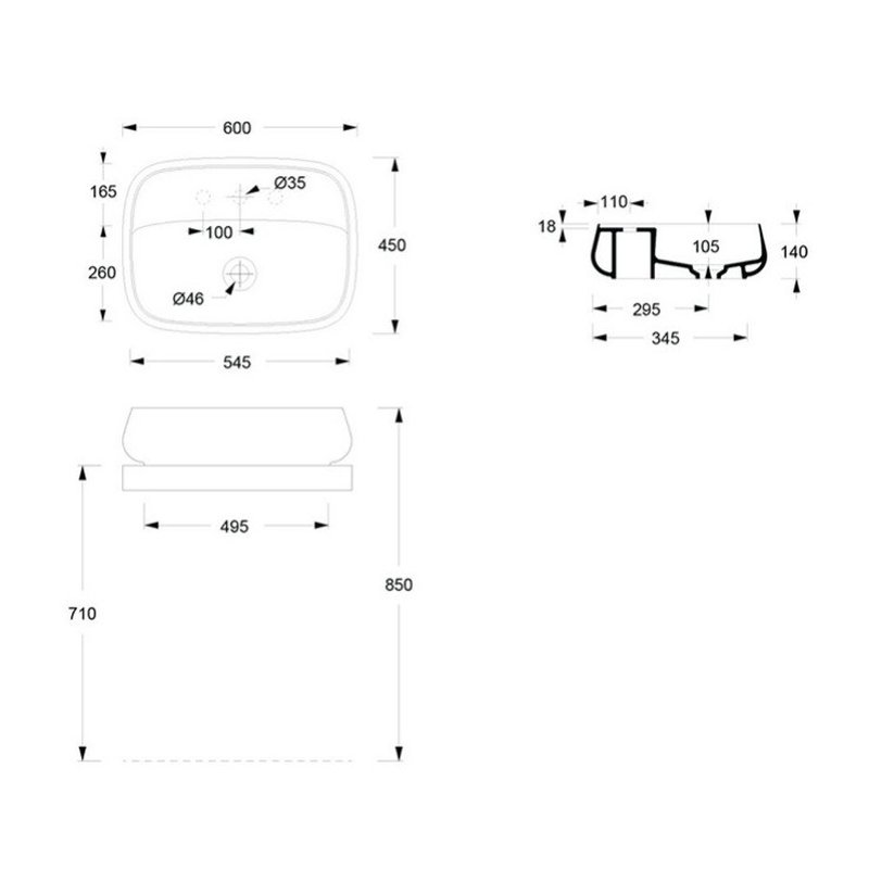 Раковина, , NUR, Plan, шгв 600*450*150, отверстия для смесителя-1, Aliglaze+, цвет-белый матовый Alice 33210109