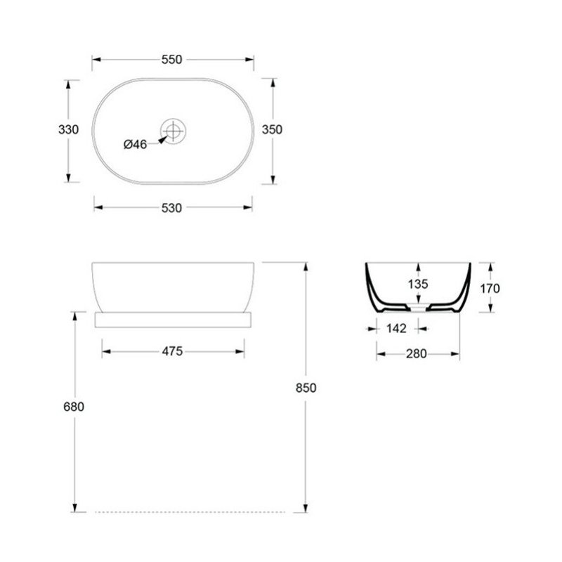 Раковина, , Unica, шгв 550*350*170, отверстия для смесителя-отсутствуют, Aliglaze+, цвет-черный матовый Alice 32120108