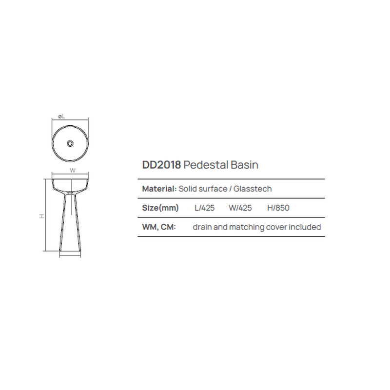 Раковина, , Pedestal Basin, шгв 425*425*850, отверстия для смесителя-отсутствуют, цвет-Smoky Black DEA Design DD2018 425 R4