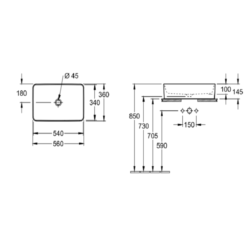 Раковина, Villeroy&Boch, Collaro, шгв 560*360*145, отверстия для смесителя-отсутствуют, цвет-альпийский белый