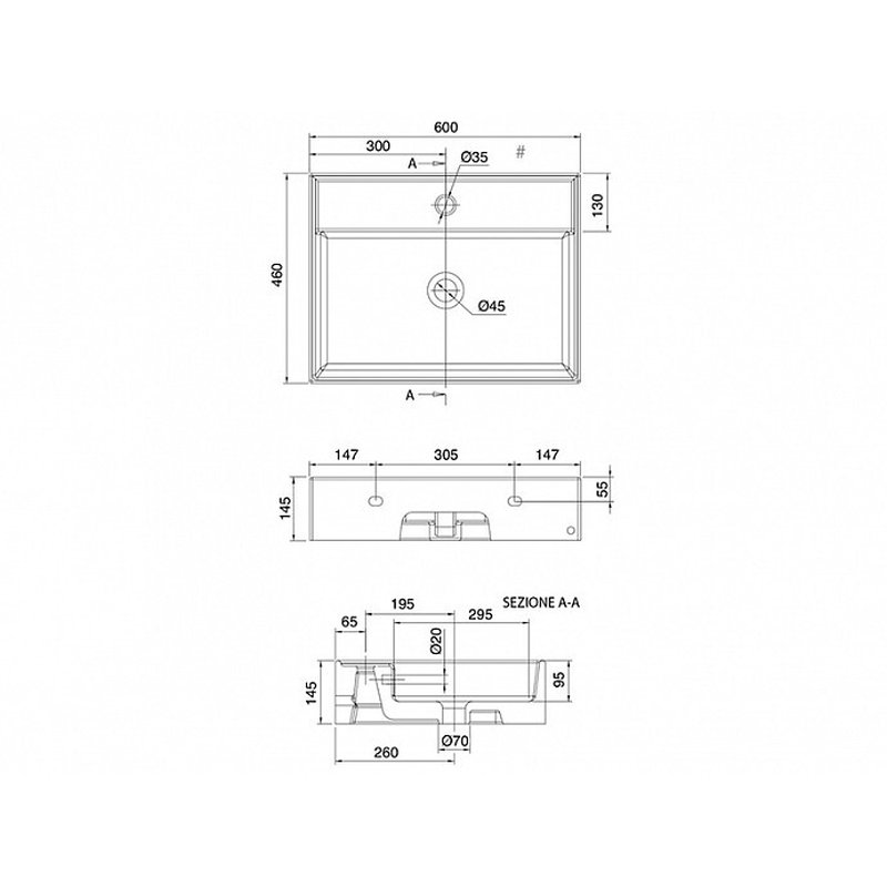 Раковина, Scarabeo Teorema 2.0 шгв 600*460*145 отверстия для смесителя-1 цвет-белый 5105