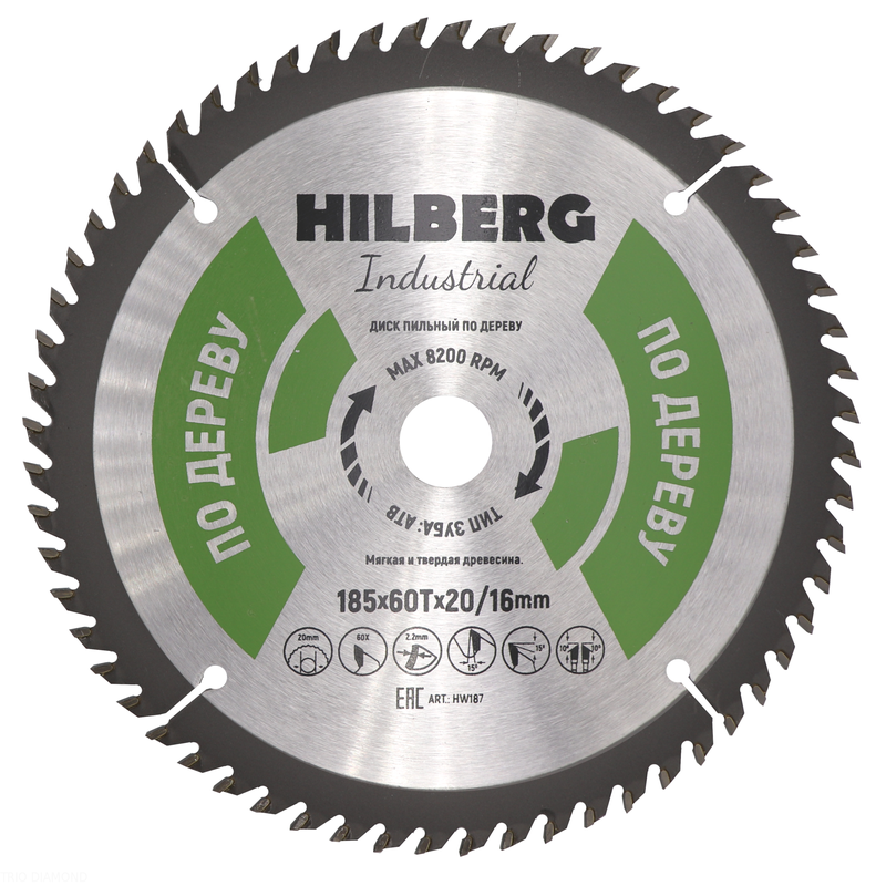 Диск пильный Hilberg Industrial Дерево 185*20/16*60Т Hilberg HW187