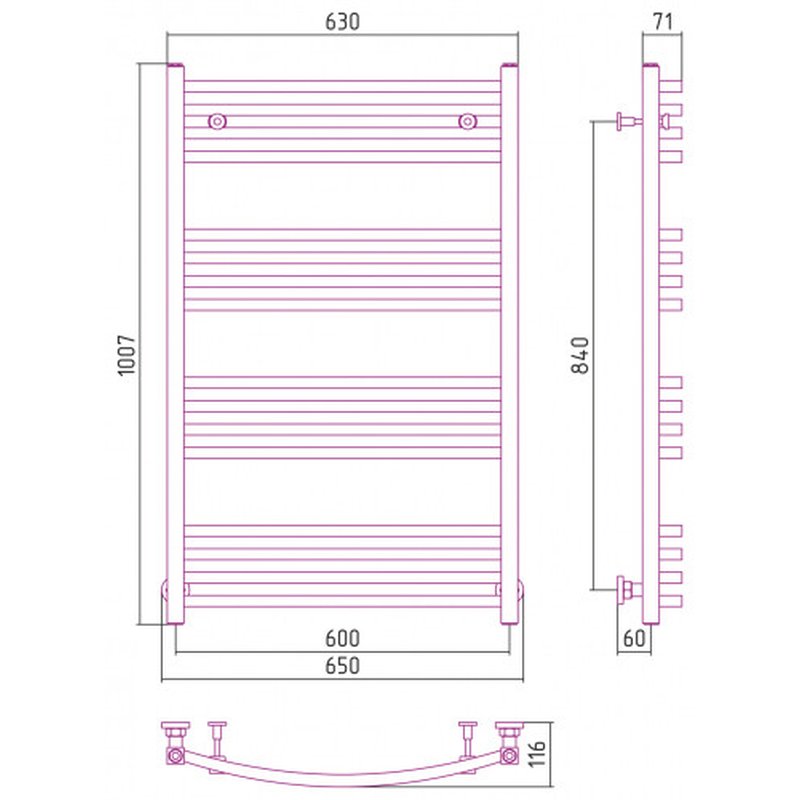 Полотенцесушитель, Сунержа, Аркус, шгв 650*116*1007, диагональное/нижнее/вертикальное, цвет-сталь