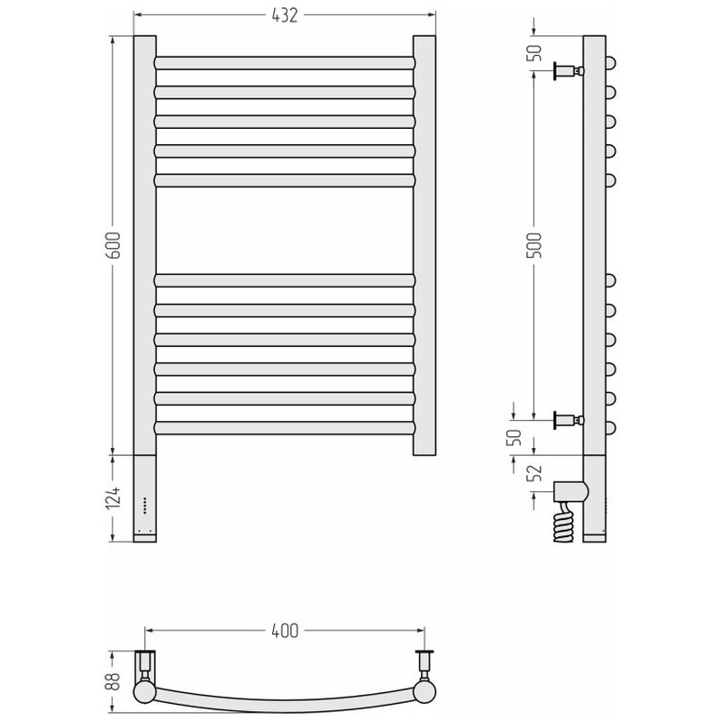 Полотенцесушитель, Сунержа, Богема 3.0, выгнутая, шгв 432*88*724, нижнее слева, МЭМ, цвет-черный матовый