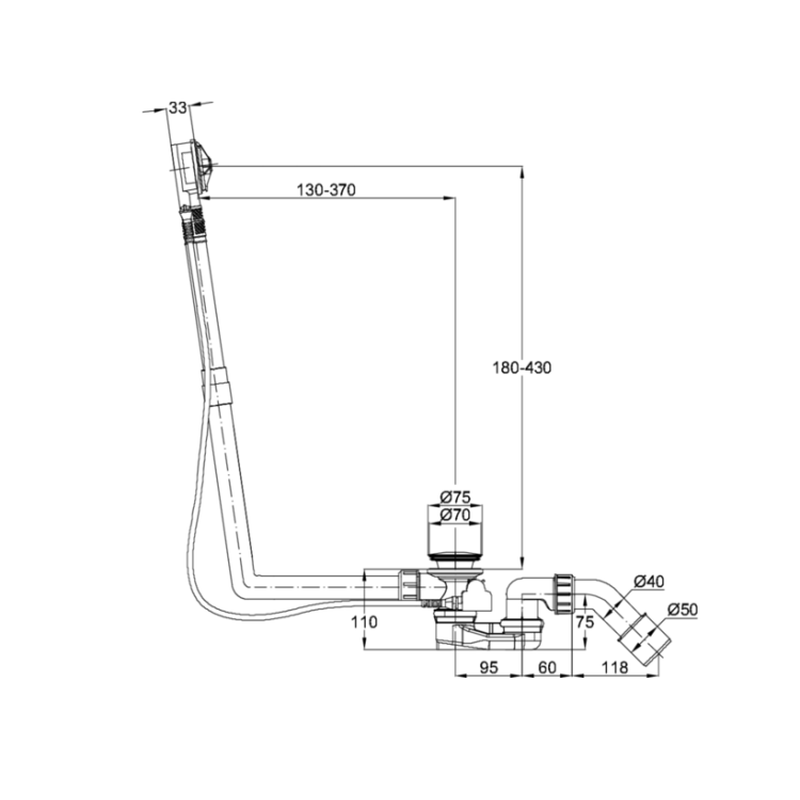 Слив-перелив, Bette, для ванны, длина троса, мм-725, цвет-хром