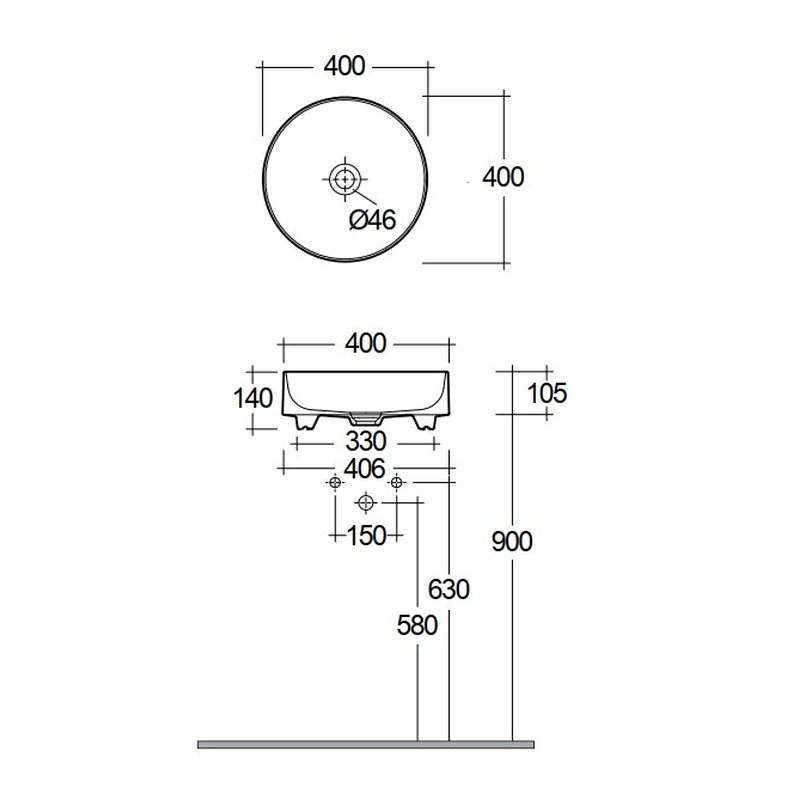 Раковина, Kludi, RESA, шгв 400*400*140, отверстия для смесителя-отсутствуют, цвет-белый