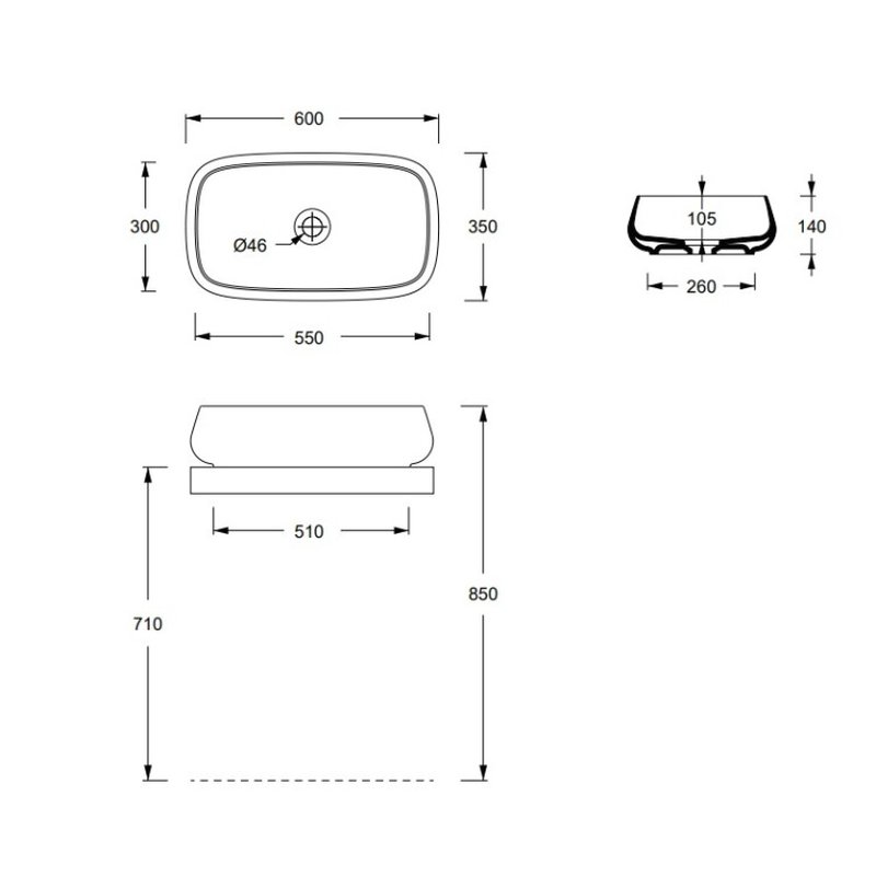 Раковина, , NUR, шгв 600*350*140, отверстия для смесителя-отсутствуют, Aliglaze+, цвет-белый матовый Alice 33250109