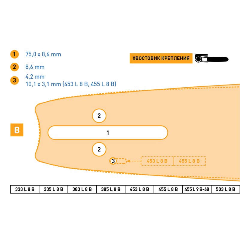 Сварная многослойная направляющая шина  для цепных пил Rezer 385 L 8 B 03.016.00006
