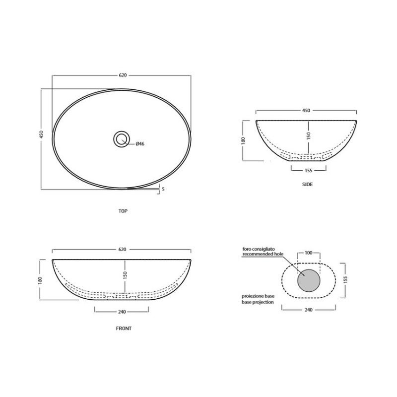 Раковина, CIELO Le Bacinelle шгв 620*450*180 отверстия для смесителя-отсутствуют цвет-Avena BAECOAV