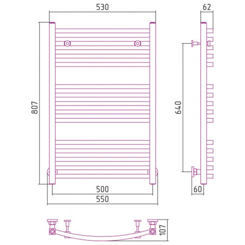 Полотенцесушитель, Сунержа, Аркус, шгв 550*107*807, диагональное/нижнее/вертикальное, цвет-RAL 3020 Транспортный красный