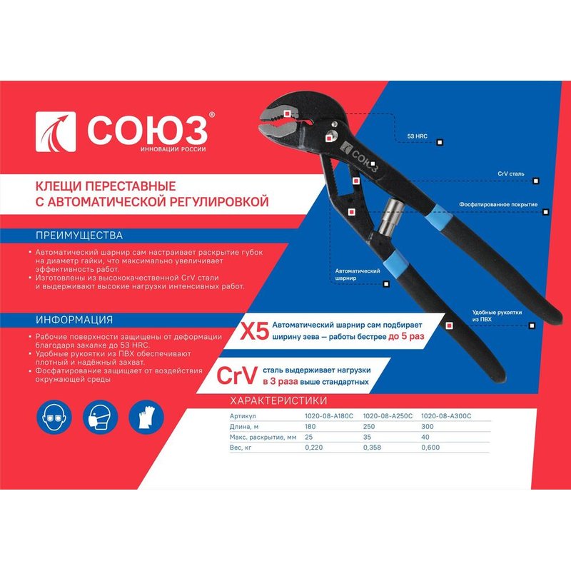 Клещи переставные галка СОЮЗ 1020-08-A180С