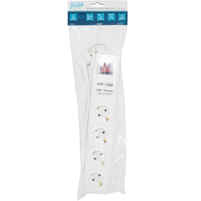 Удлинитель U-4g-1.5m-Z-V-USB с 4 евророзетками и 2 USB-портами (с/з, с/в) 1,5м Jilion 9534310