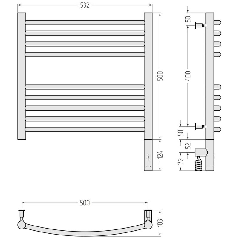 Полотенцесушитель, , Богема 3.0, шгв 532*103*632, нижнее справа, МЭМ, цвет-тёмный титан муар Сунержа 15-5803-5050